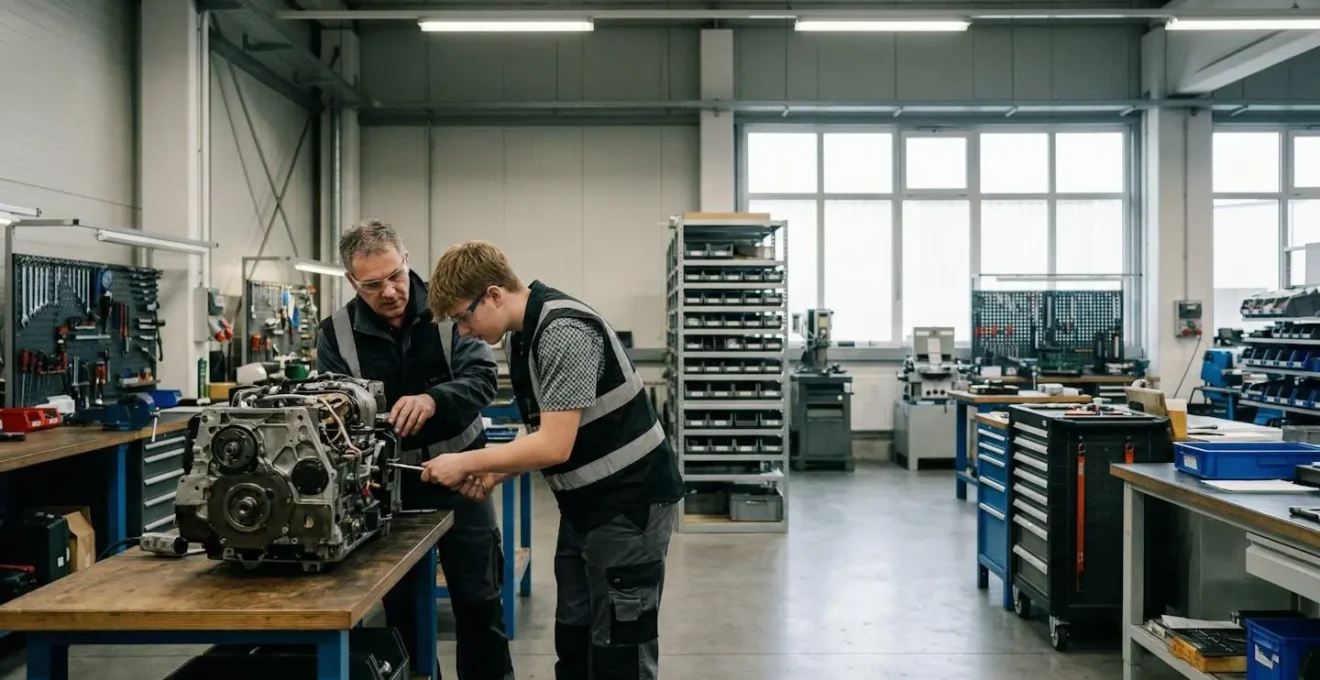 Apprenti en CFA travaillant sur une installation technique avec son maître d'apprentissage