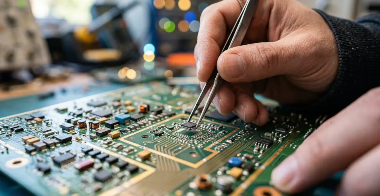 Vue macro d'une main assemblant des composants électroniques sur une carte de circuit imprimé, symbolisant l'apprentissage par la pratique