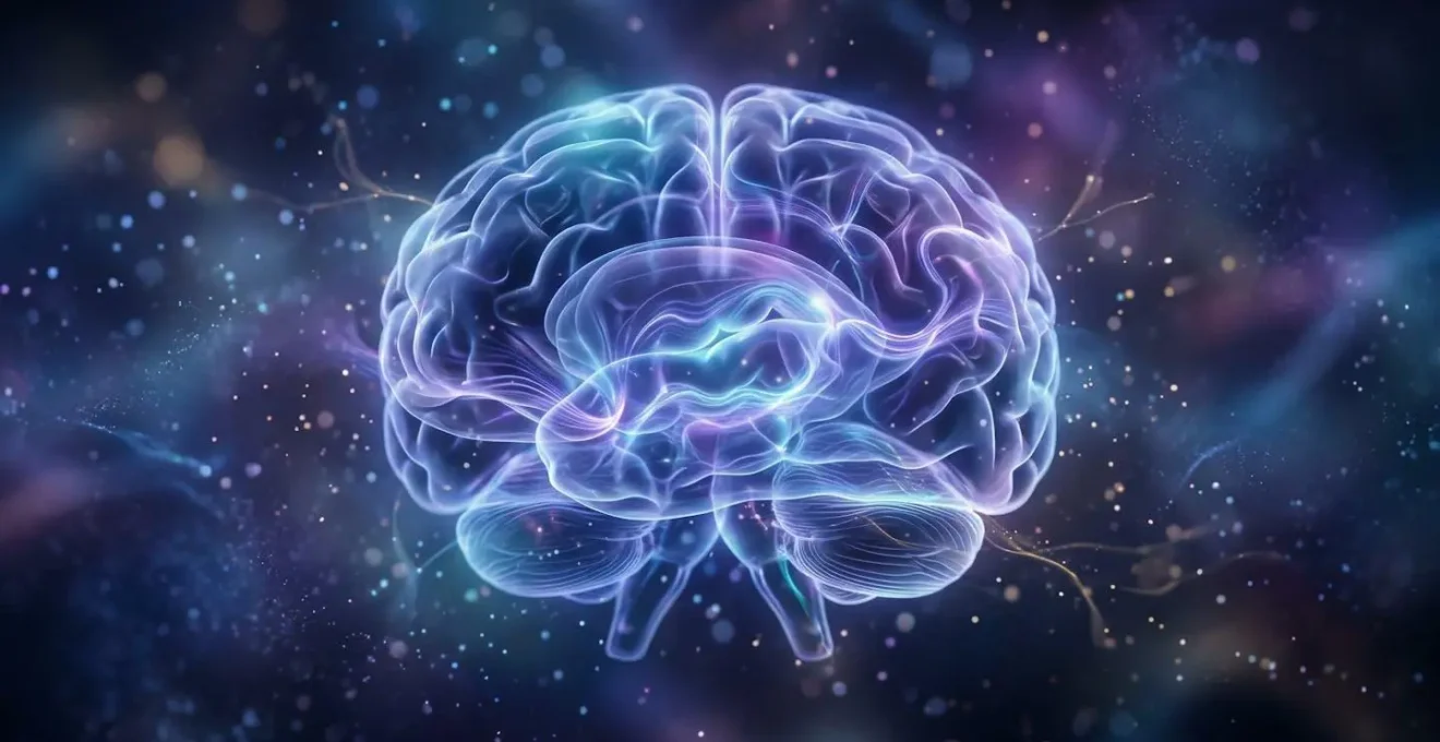 Cerveau stylisé avec ondes lumineuses représentant l'activité neuronale nocturne durant la consolidation de la mémoire.