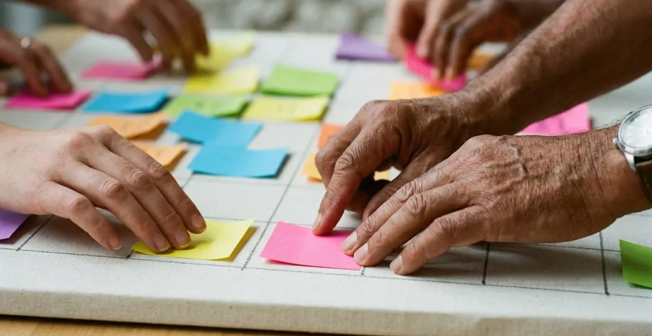 Équipe analysant une matrice visuelle avec des post-its colorés