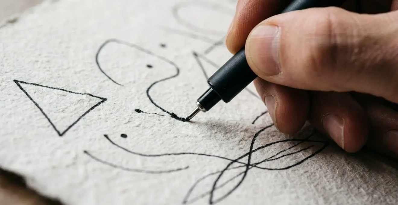 Gros plan sur une main écrivant et dessinant des symboles simples sur du papier texturé.