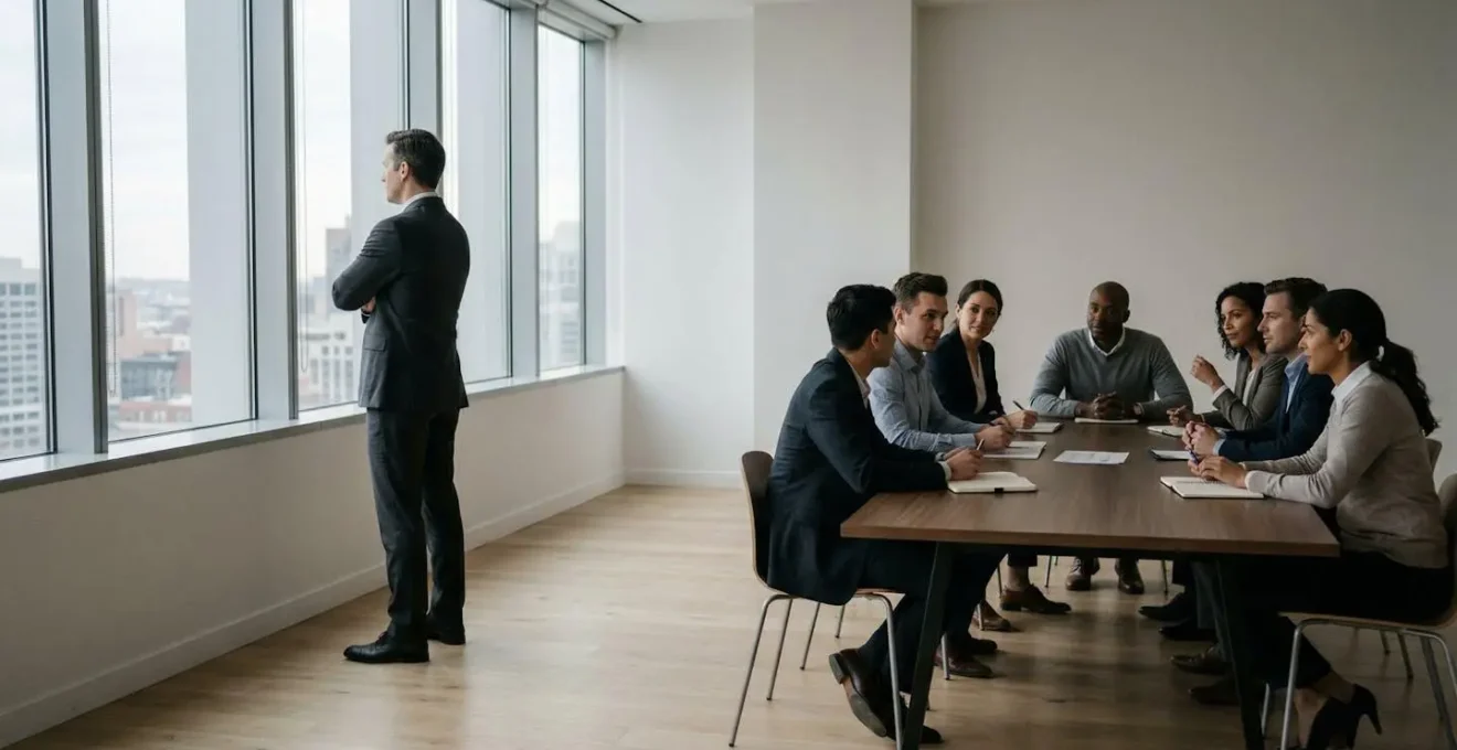 Groupe de professionnels avec une personne en retrait observant sans parler