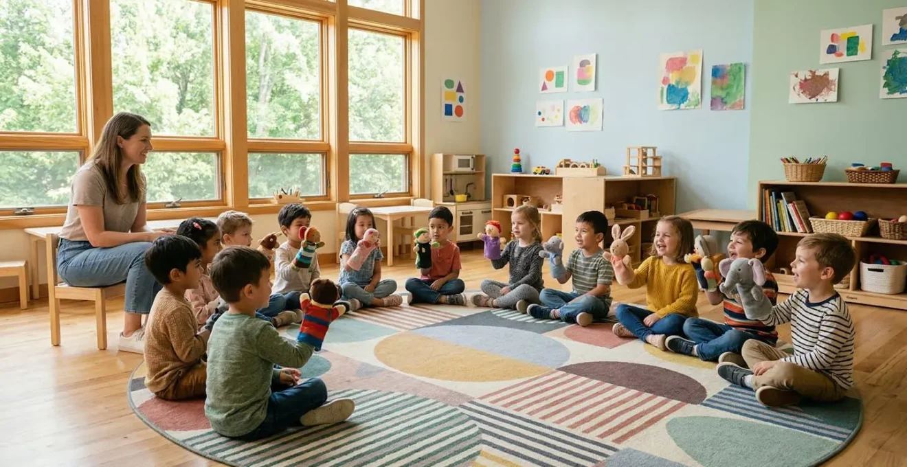 Jeunes enfants en cercle manipulant des marionnettes colorées représentant des émotions
