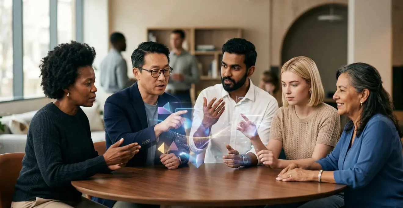Groupe de personnes collaborant autour d'une table holographique abstraite représentant le management virtuel dans les MMORPG.
