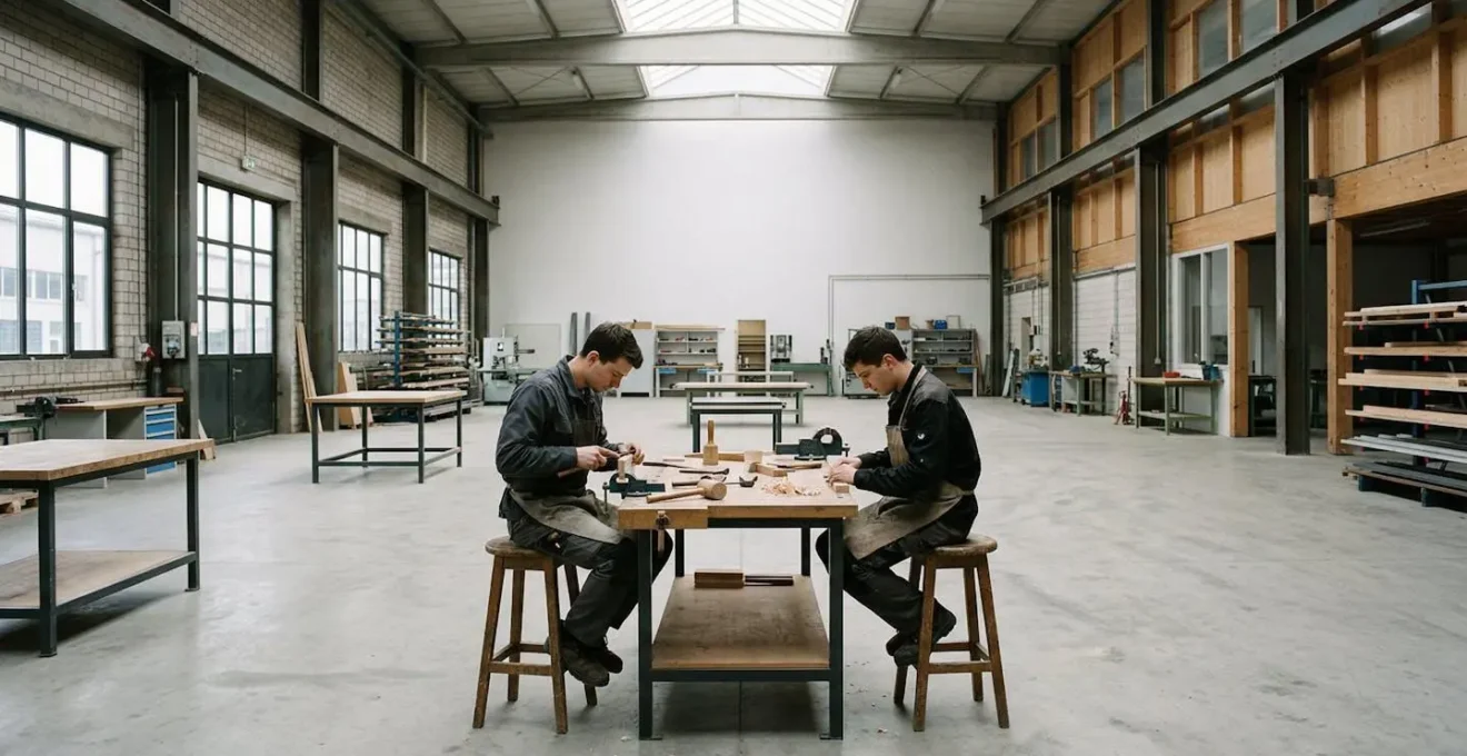 Vue large d'un atelier où un apprenti travaille en autonomie sous observation distante