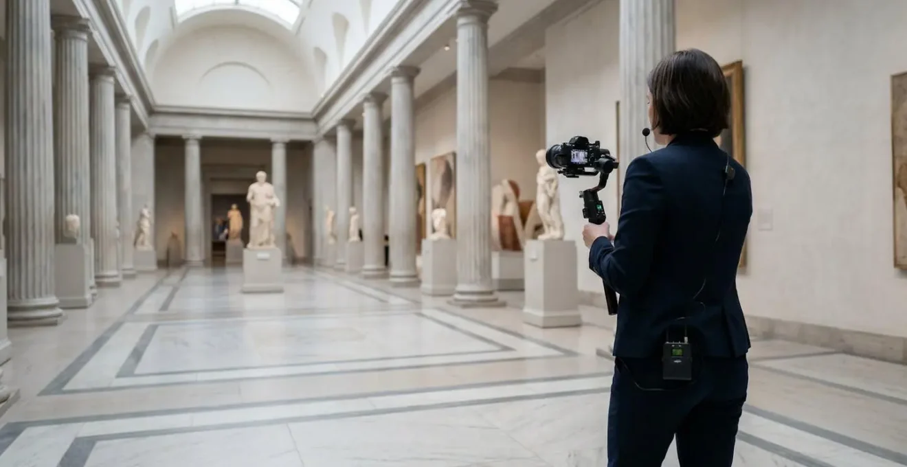 Guide touristique filmant une visite virtuelle avec équipement streaming dans un musée