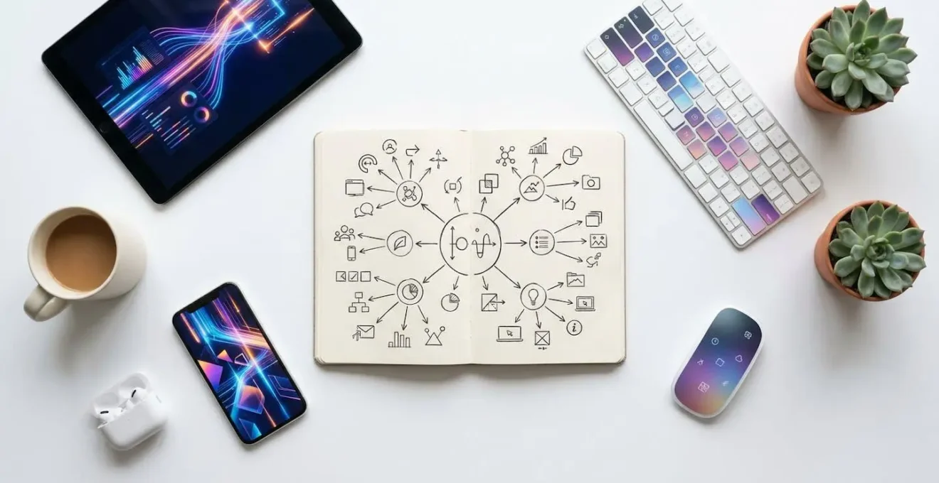 Espace de travail minimaliste avec carnet de notes structuré et écosystème de veille numérique symbolisé par des flux lumineux interconnectés