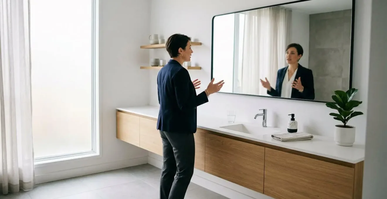 Candidat s'entraînant devant un miroir pour son pitch de présentation