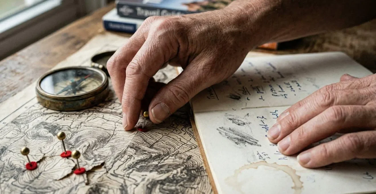 Vue arrière d'une personne organisant son futur voyage avec cartes et guides posés sur une table