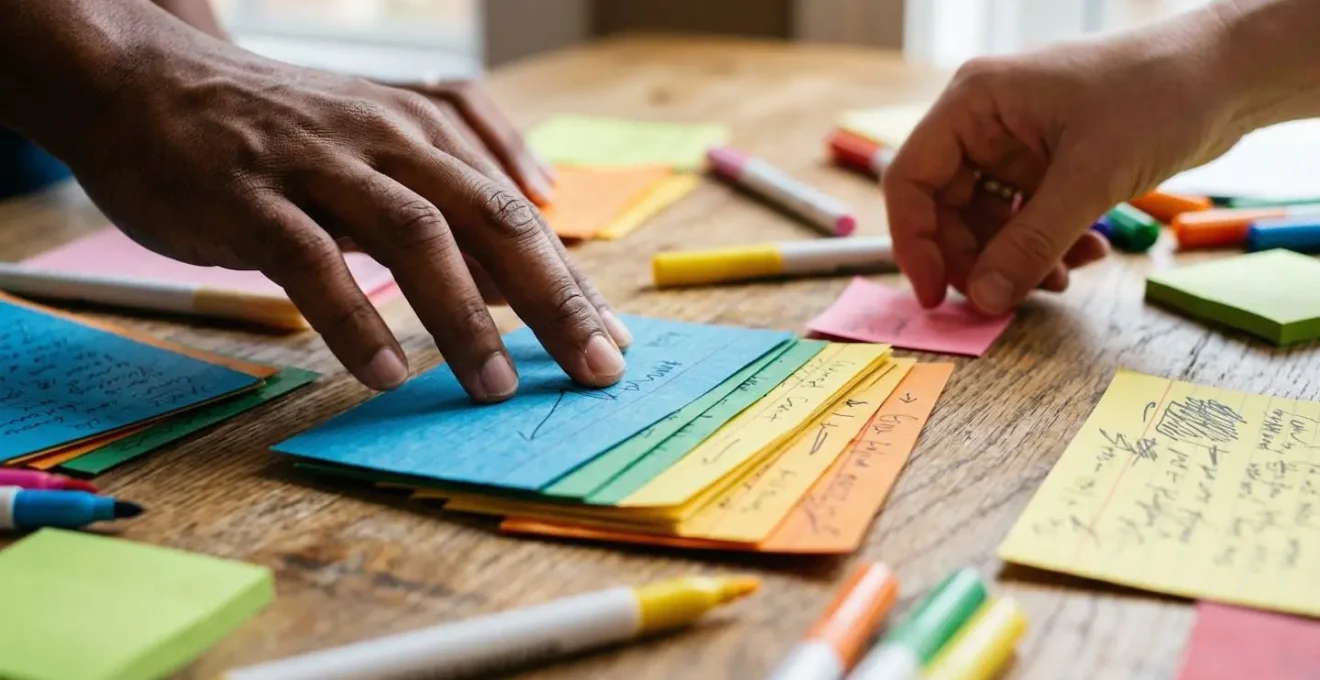 Vue macro de mains préparant des scénarios de formation avec cartes et marqueurs colorés