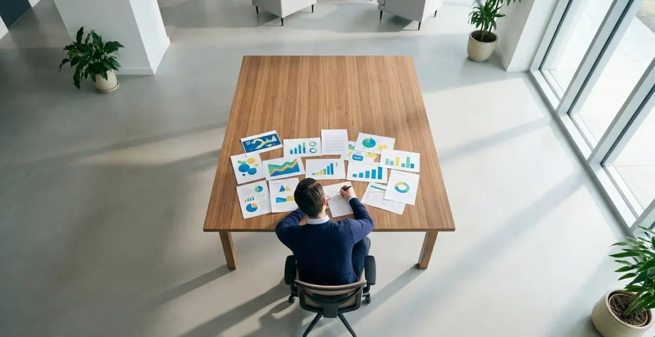 Vue aérienne d'une personne analysant des données d'entreprises sur plusieurs supports