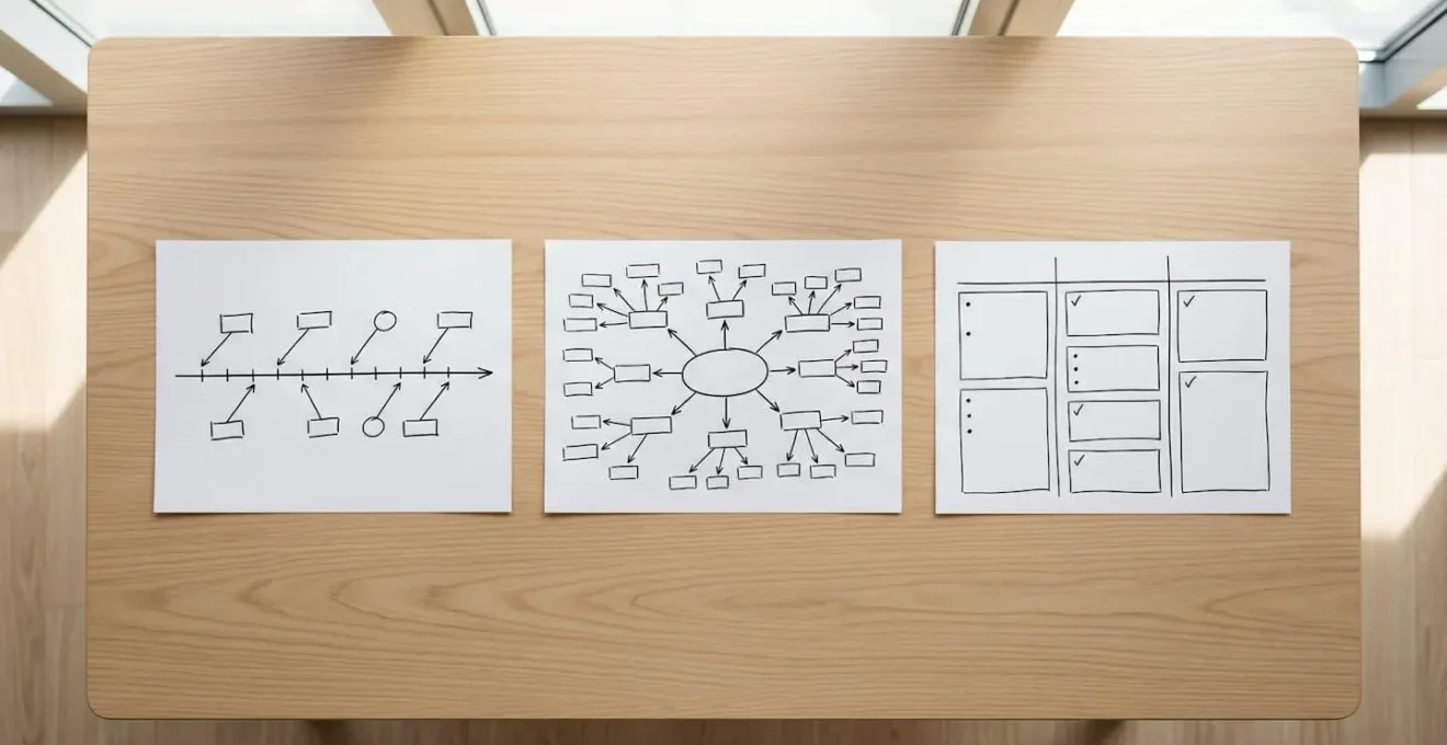 Différents formats de prise de notes visuelles disposés sur une table : mind map, timeline et colonnes.
