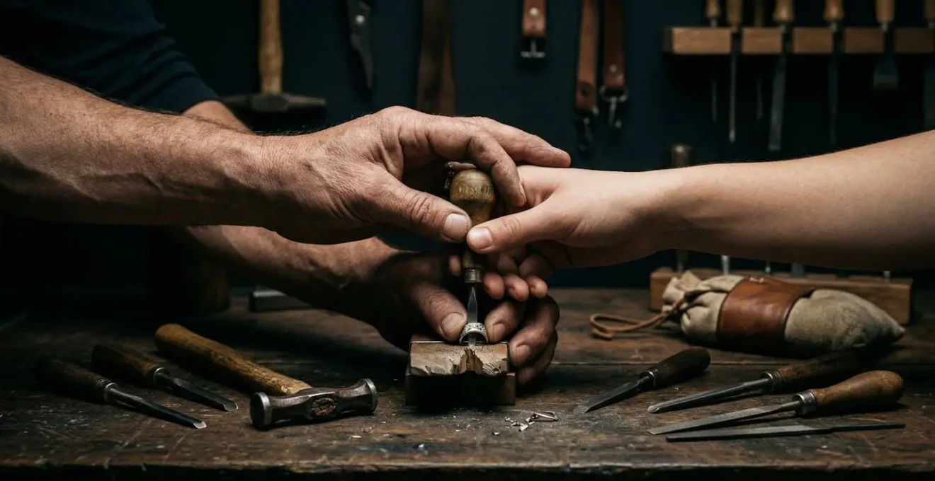 Expert et apprenti analysant ensemble un geste technique au ralenti sur une table de travail