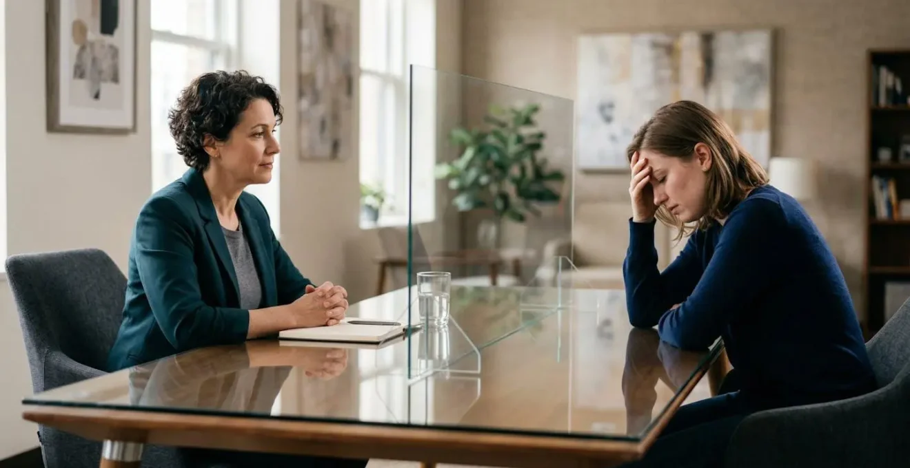 Professionnel maintenant une posture calme et attentive face à un client émotif, avec une métaphore visuelle de séparation transparente