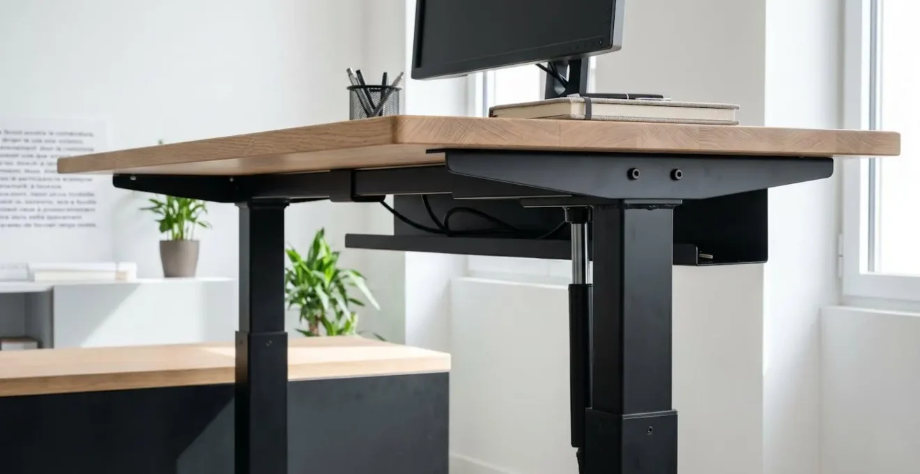 Bureau professionnel réglable en hauteur en position haute, structure métallique apparente et plateau bois naturel, mécanisme pneumatique visible sur la colonne