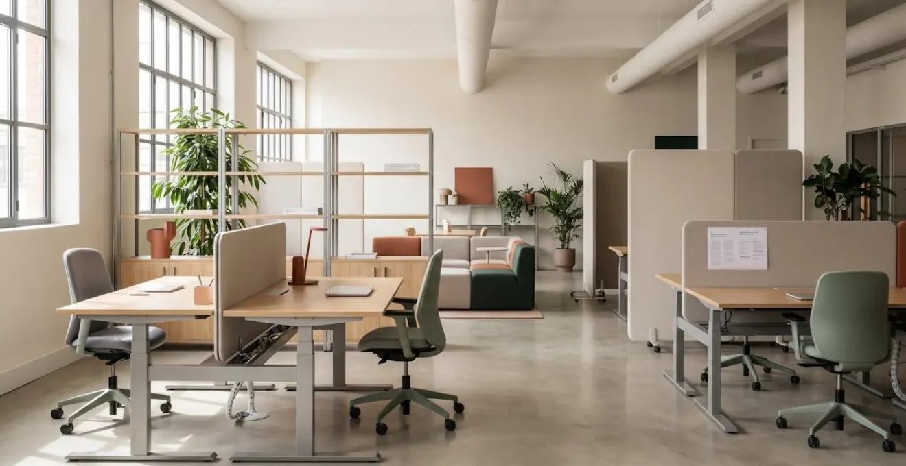 Espace de bureau moderne français avec mobilier modulable : bureaux réglables en hauteur, cloisons acoustiques mobiles et assises ergonomiques colorées, baigné de lumière naturelle