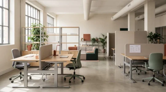 Espace de bureau moderne français avec mobilier modulable : bureaux réglables en hauteur, cloisons acoustiques mobiles et assises ergonomiques colorées, baigné de lumière naturelle