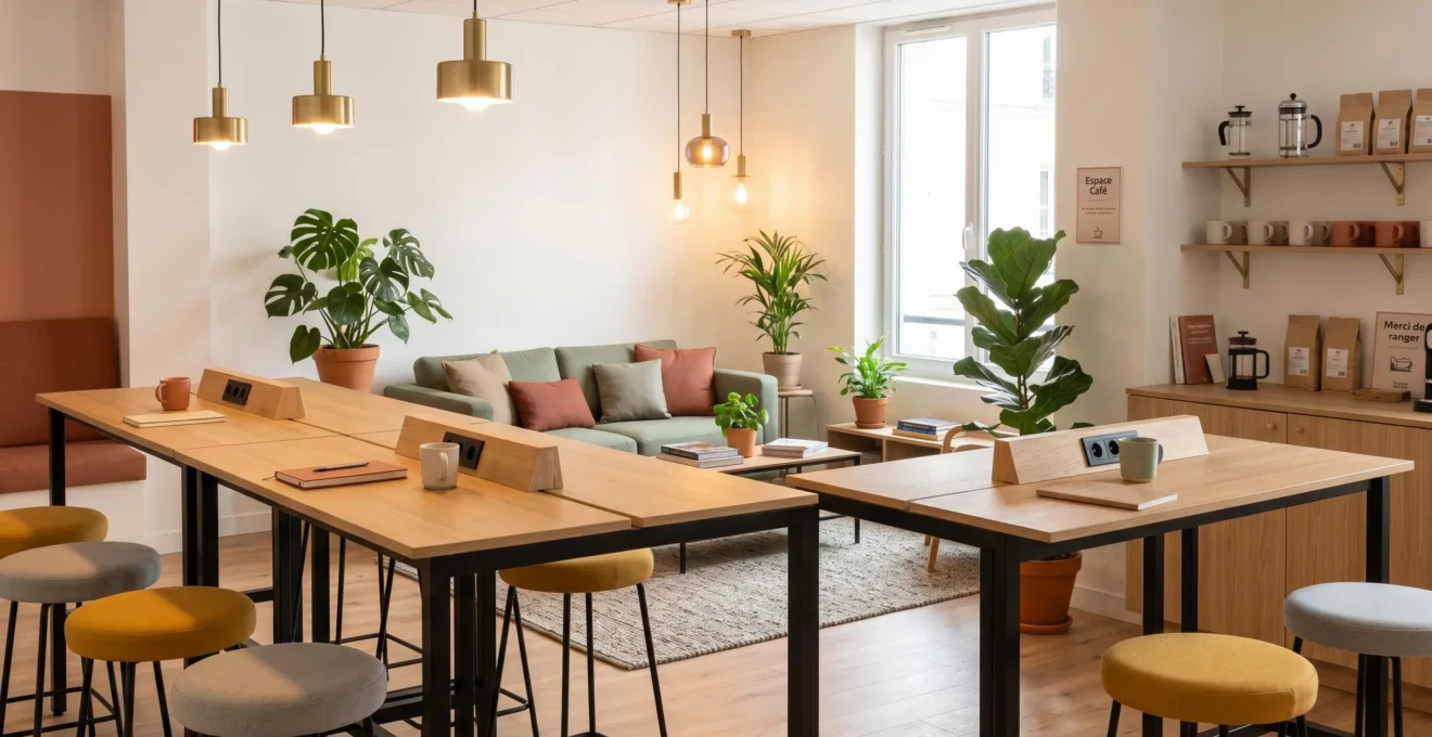 Salle de pause d'entreprise moderne avec tables modulables en bois clair, tabourets colorés, coin canapé en tissu et plantes vertes, ambiance chaleureuse et lumineuse