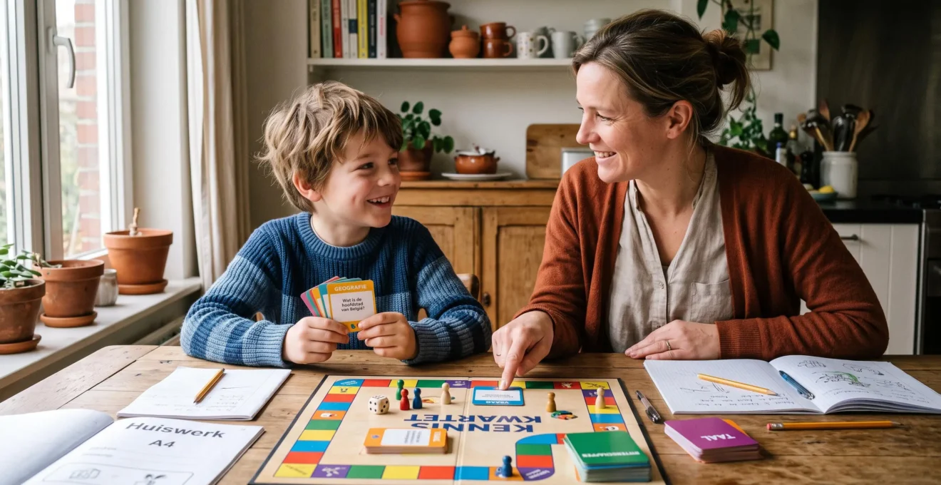 Un enfant et son parent jouent à un jeu éducatif à la cuisine, cahiers ouverts à côté.