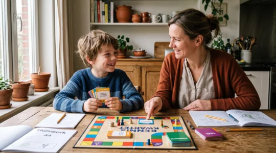 Un enfant et son parent jouent à un jeu éducatif à la cuisine, cahiers ouverts à côté.