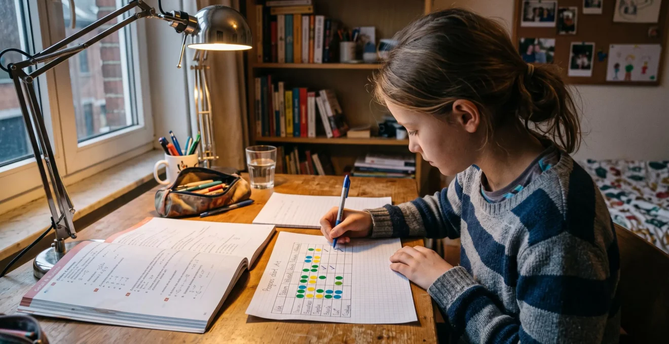 Une jeune fille coche une grille de progression dessinée à la main sur son bureau.