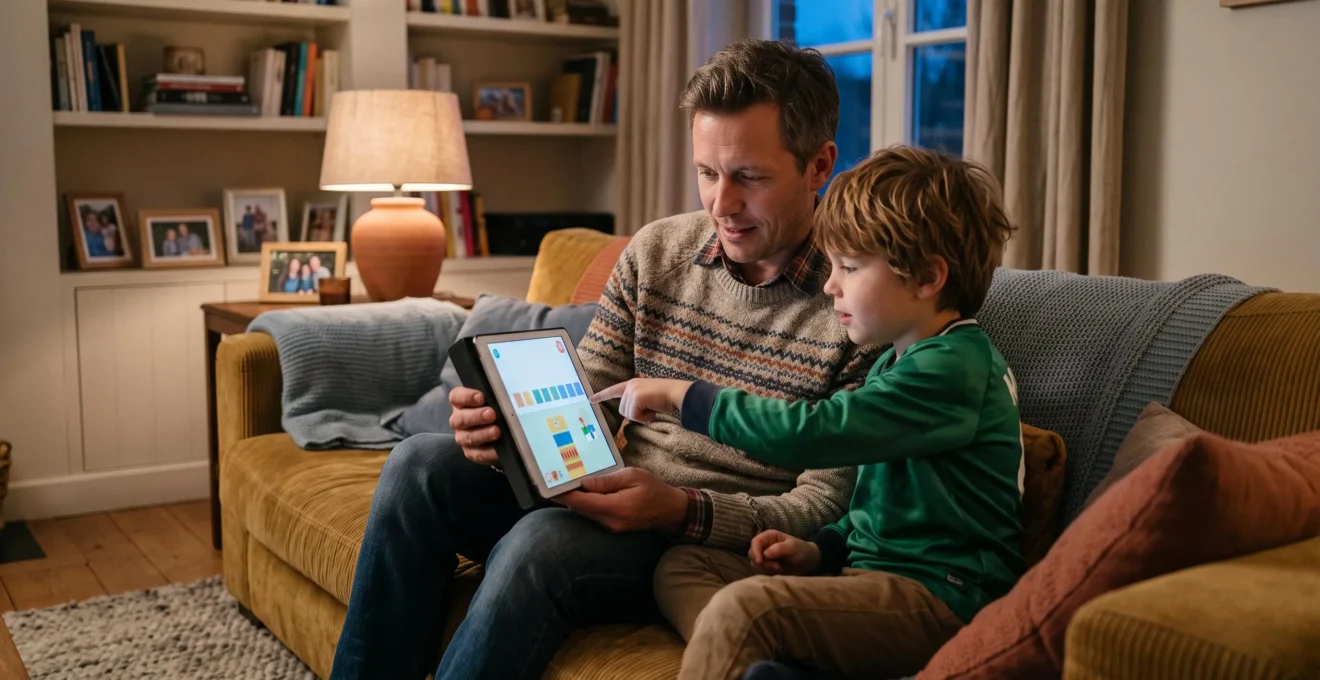 Un père et son fils évaluent une application éducative sur une tablette dans le salon.